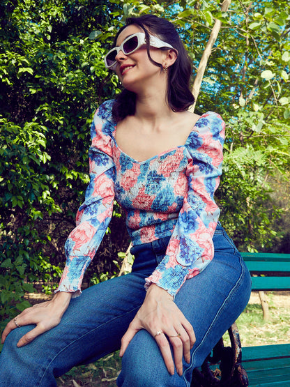 Blue Floral Smoked Top