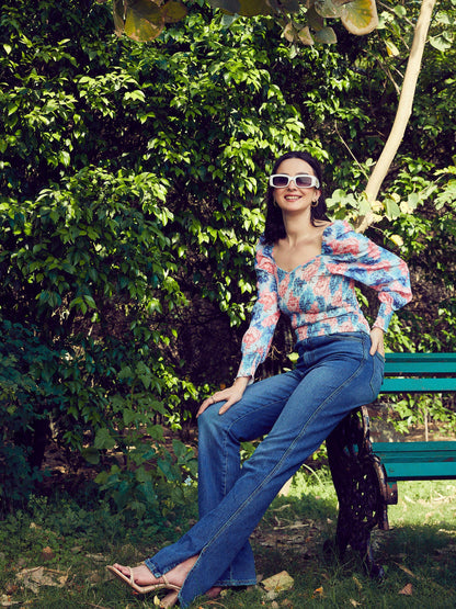 Blue Floral Smoked Top