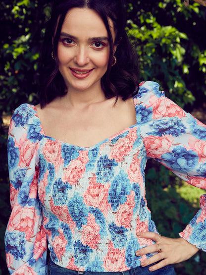 Blue Floral Smoked Top