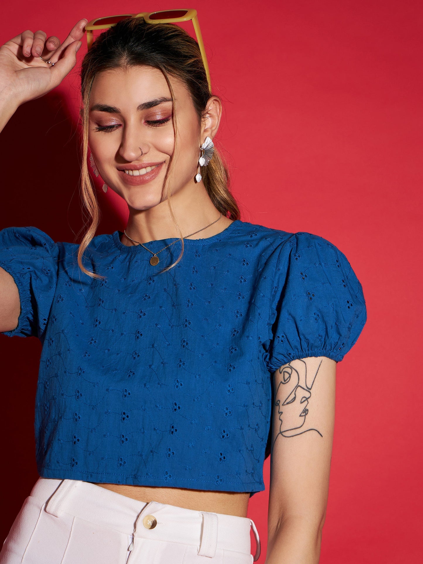 Royal Blue Schiffli Back-Tie Crop Top