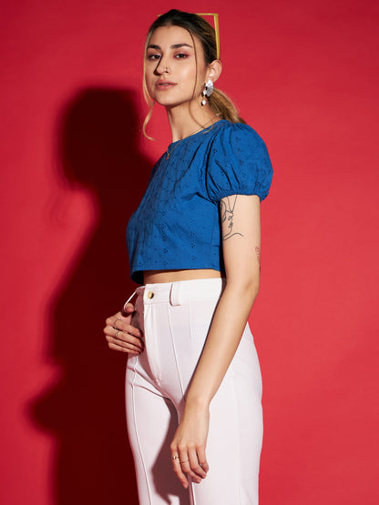 Royal Blue Schiffli Back-Tie Crop Top