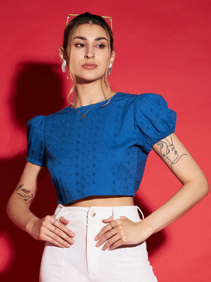 Royal Blue Schiffli Back-Tie Crop Top
