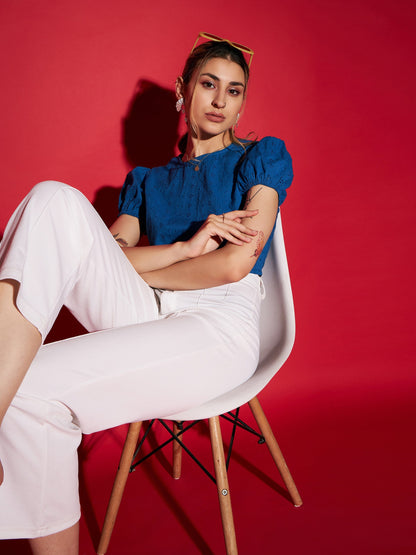 Royal Blue Schiffli Back-Tie Crop Top
