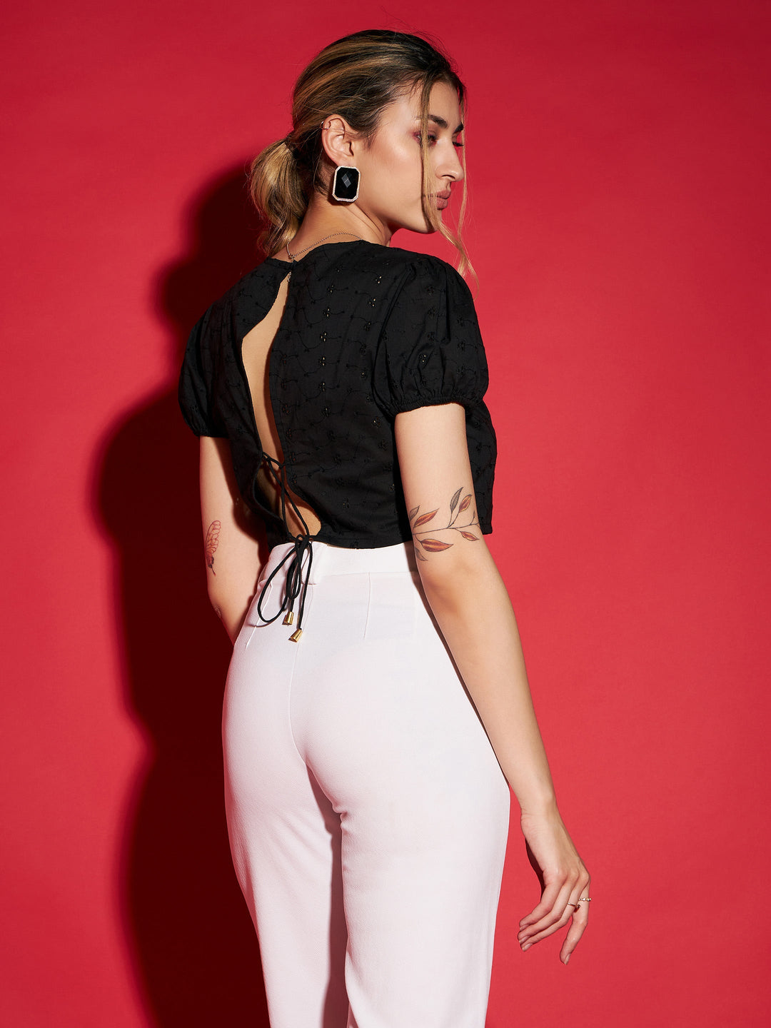 Women Black Schiffli Back Dori Detail Crop Top