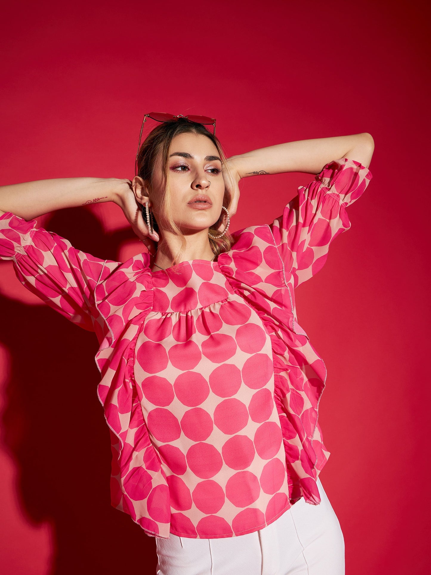 Pink Polka Dot Square Neck Frill Detail Top