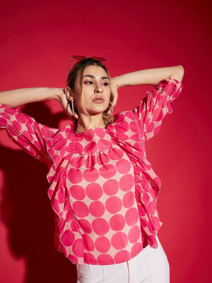 Pink Polka Dot Square Neck Frill Detail Top