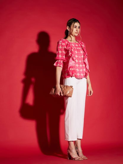 Pink Polka Dot Square Neck Frill Detail Top
