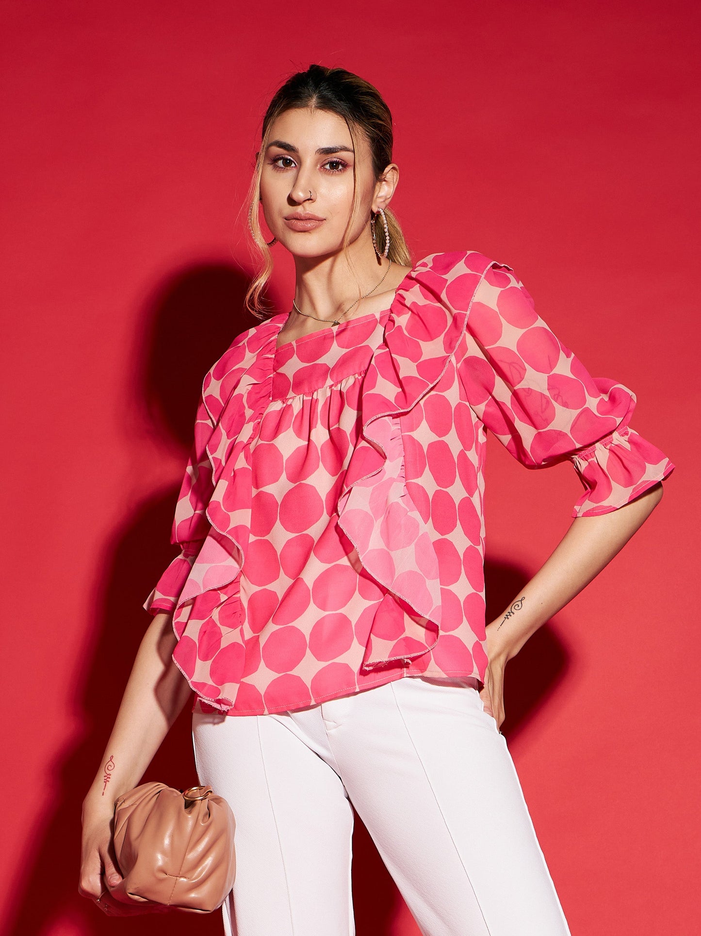 Pink Polka Dot Square Neck Frill Detail Top
