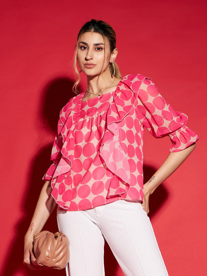 Pink Polka Dot Square Neck Frill Detail Top