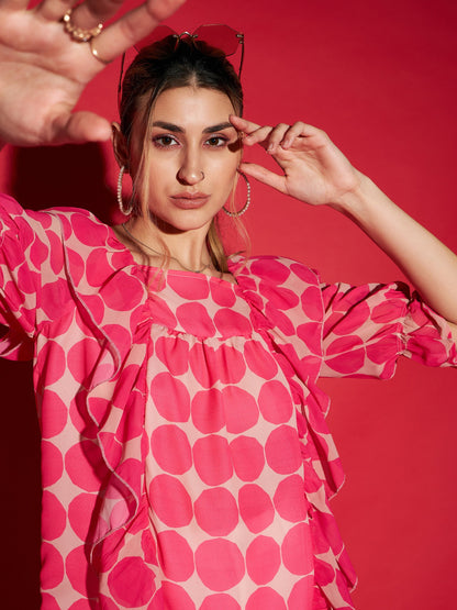 Pink Polka Dot Square Neck Frill Detail Top