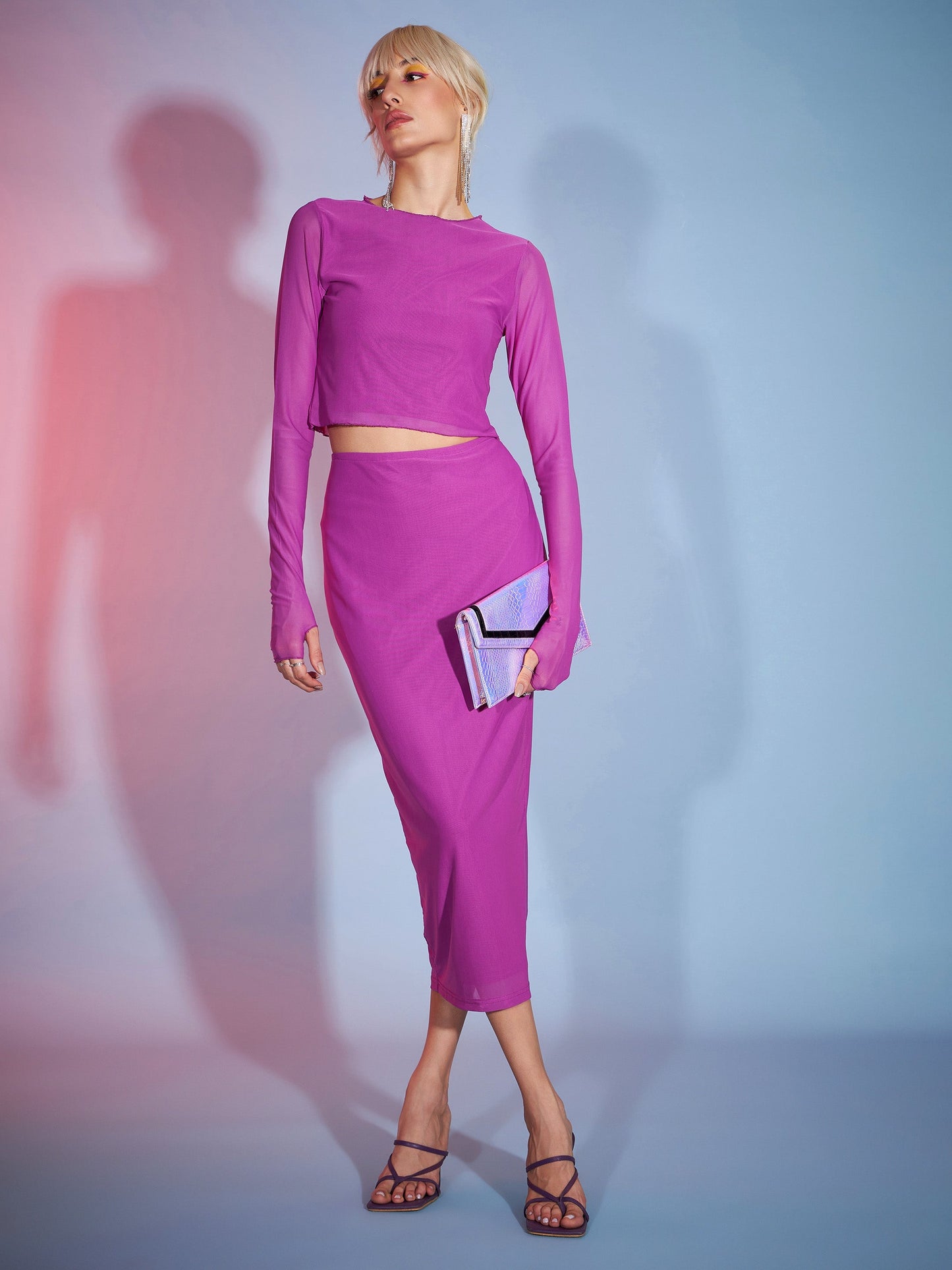 Purple Tulle Full Sleeves Crop Top