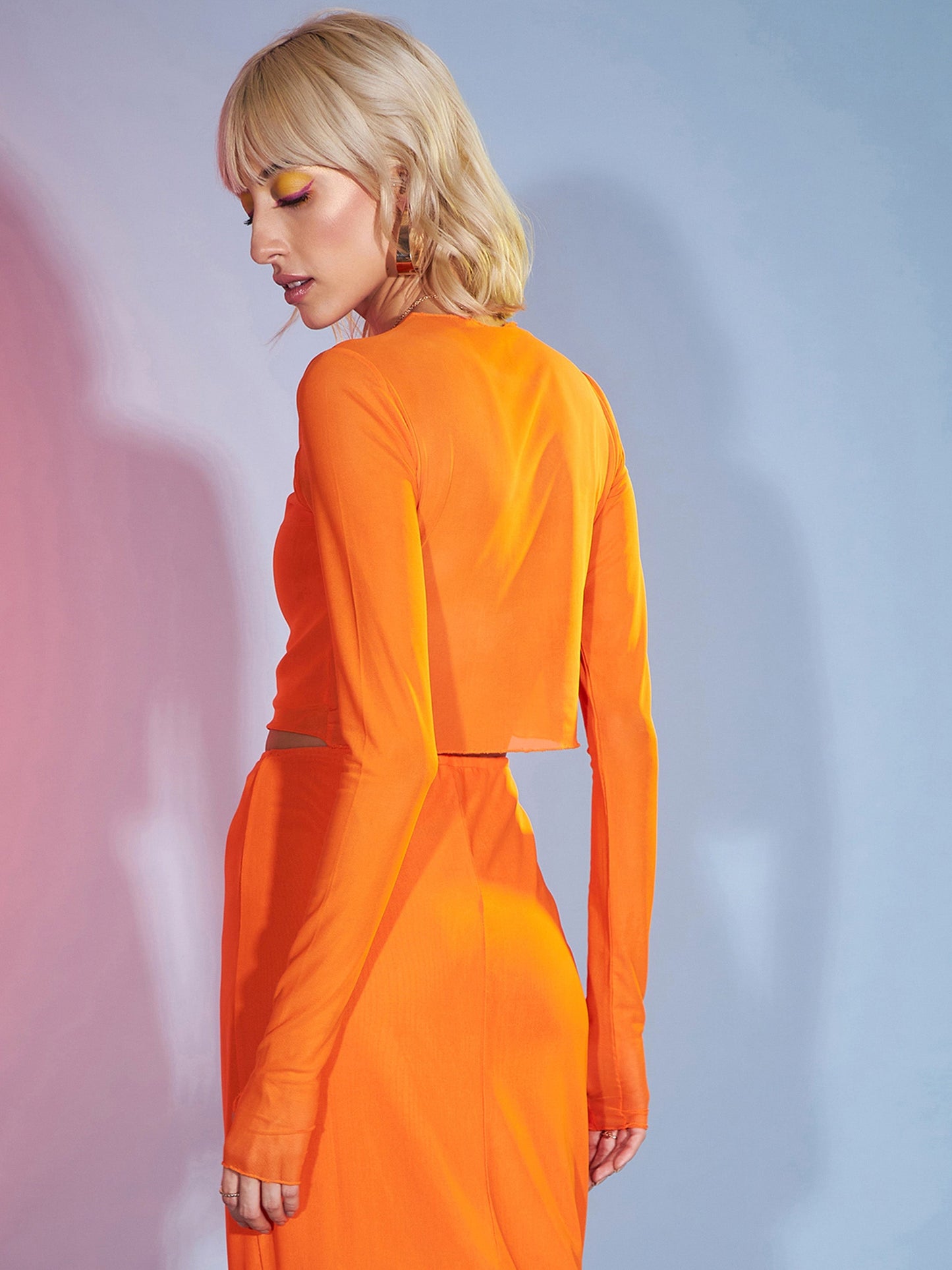Orange Tulle Full Sleeves Crop Top