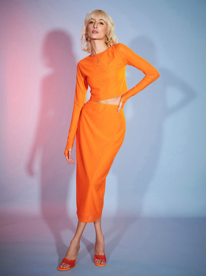 Orange Tulle Full Sleeves Crop Top