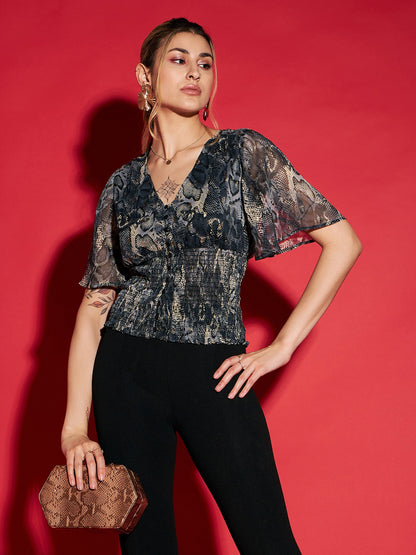 Grey Snake Printed Front Button Smocked Top