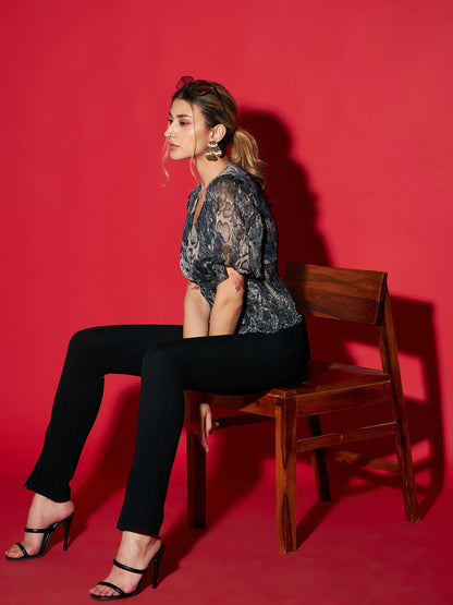 Grey Snake Printed Front Button Smocked Top