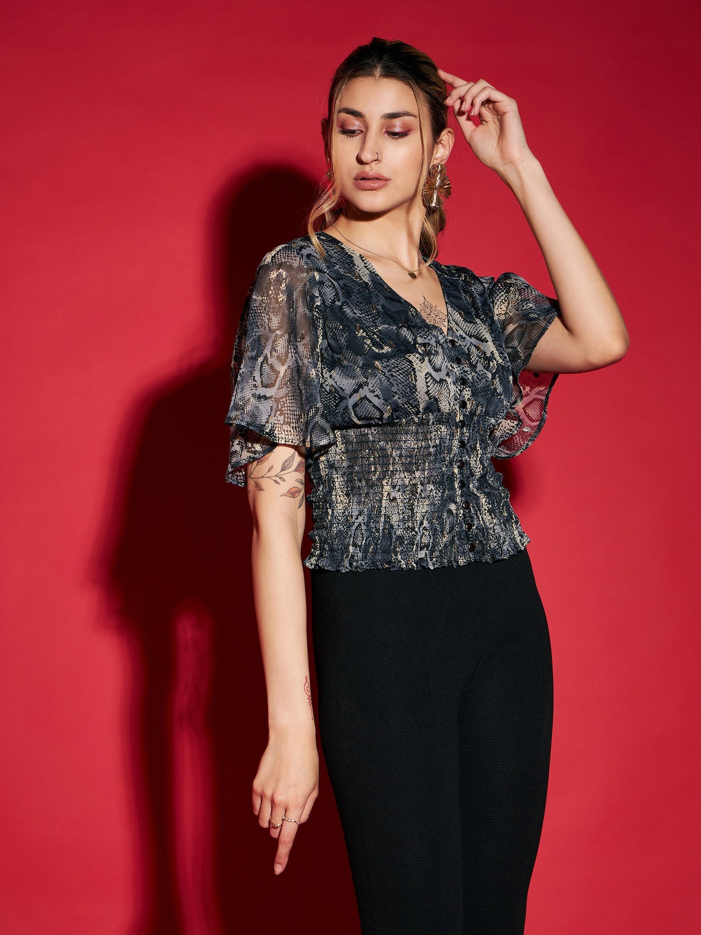 Grey Snake Printed Front Button Smocked Top