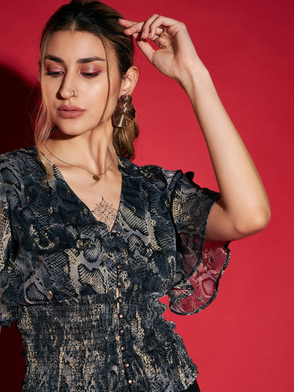 Grey Snake Printed Front Button Smocked Top