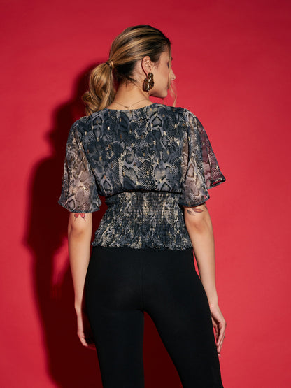 Grey Snake Printed Front Button Smocked Top