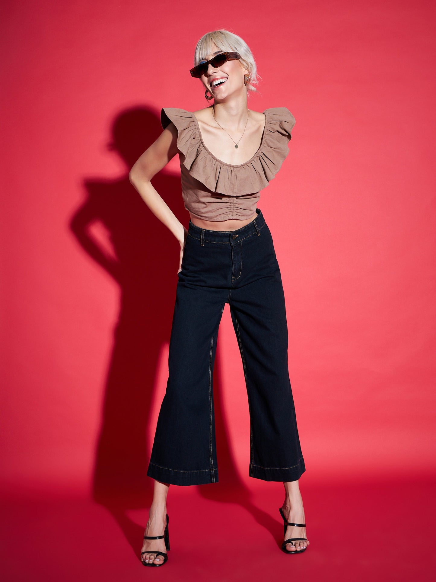 Brown Twill Ruffle Crop Top