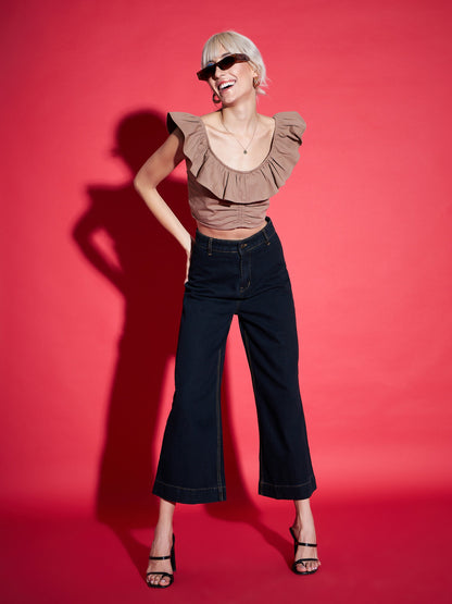 Brown Twill Ruffle Crop Top