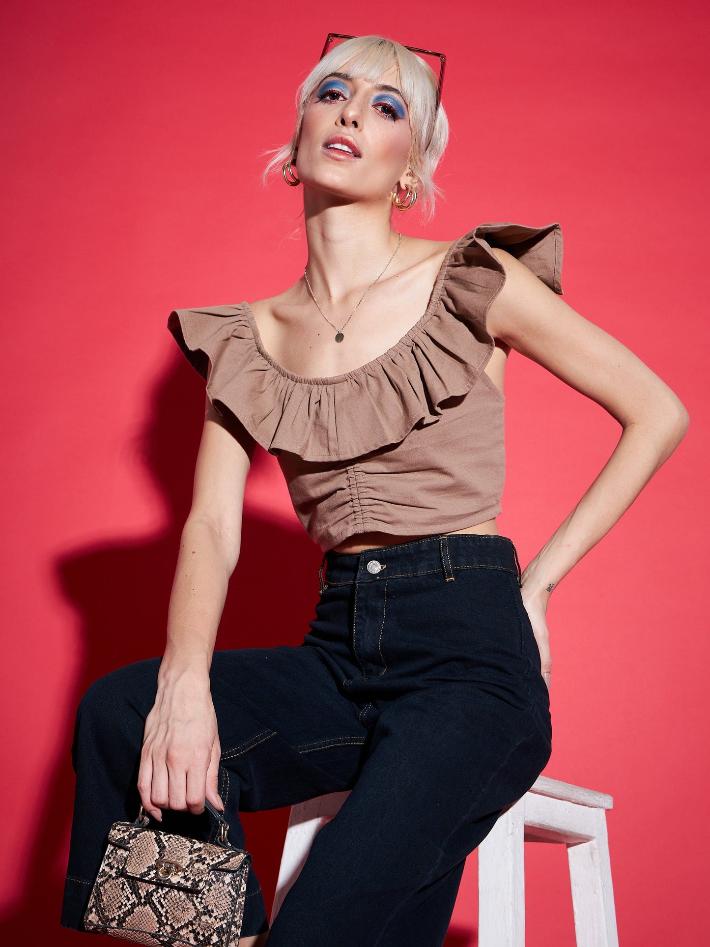 Brown Twill Ruffle Crop Top