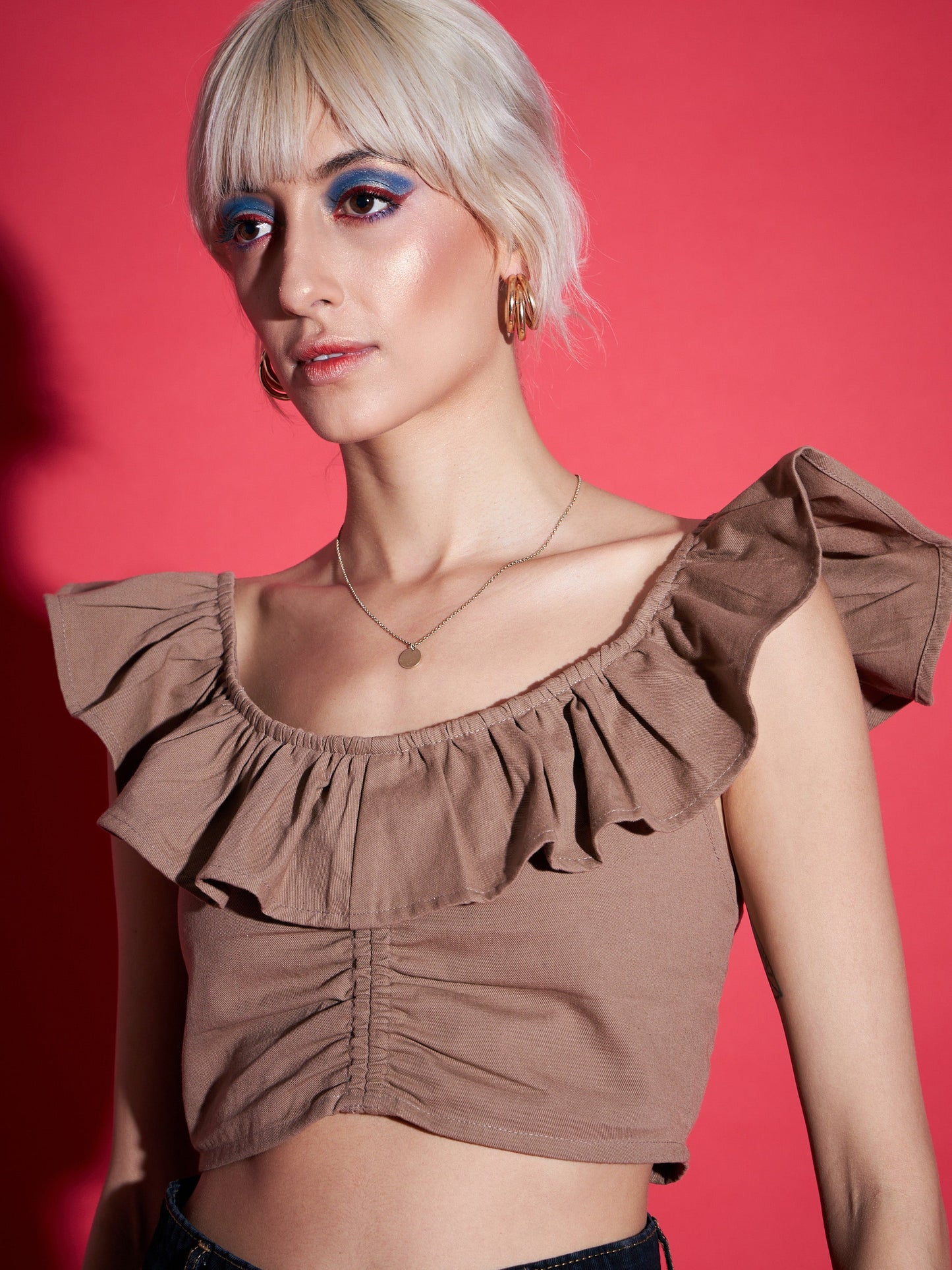 Brown Twill Ruffle Crop Top