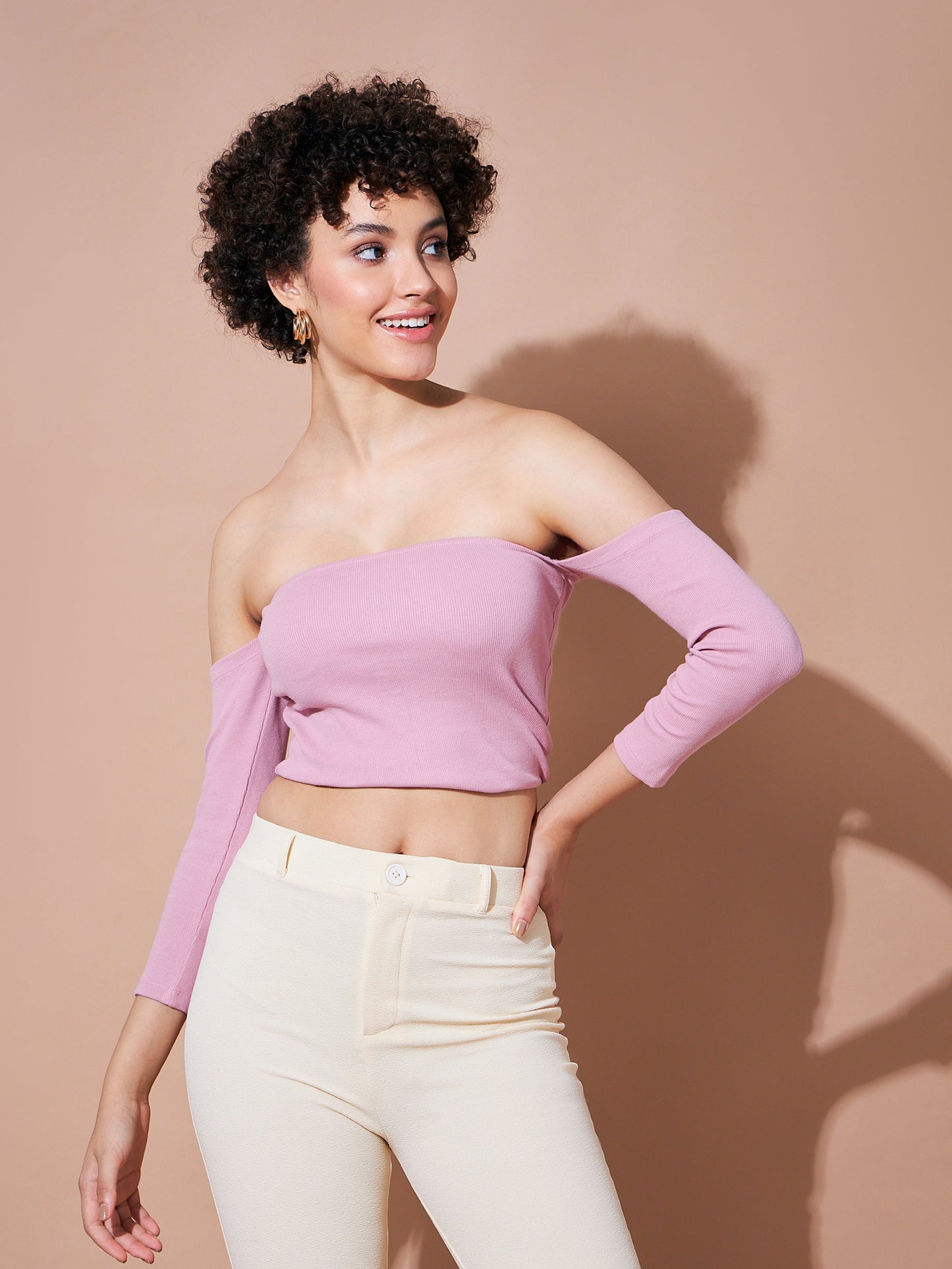 Dull Pink Ribbed Bardot Crop Top
