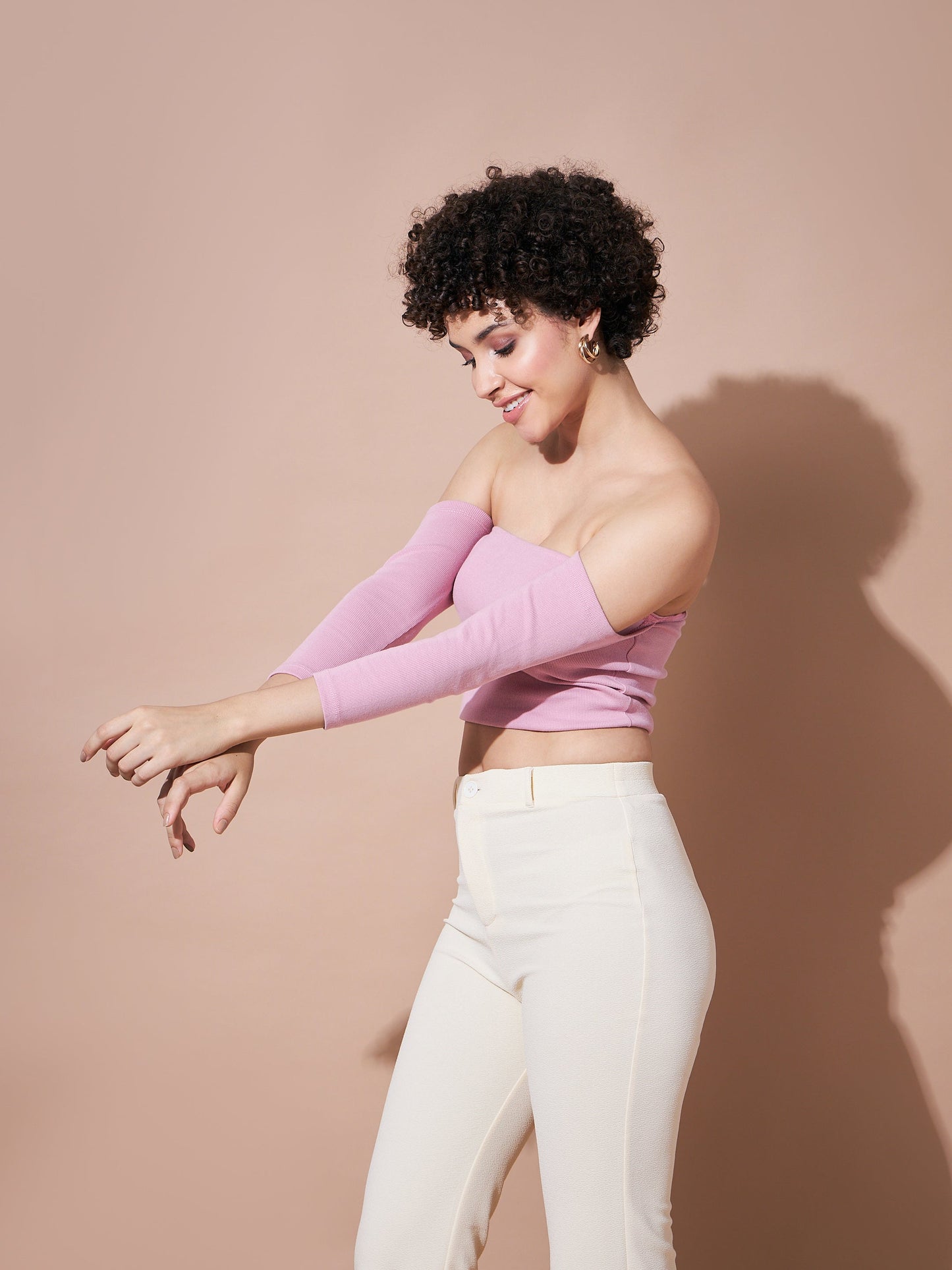 Dull Pink Ribbed Bardot Crop Top