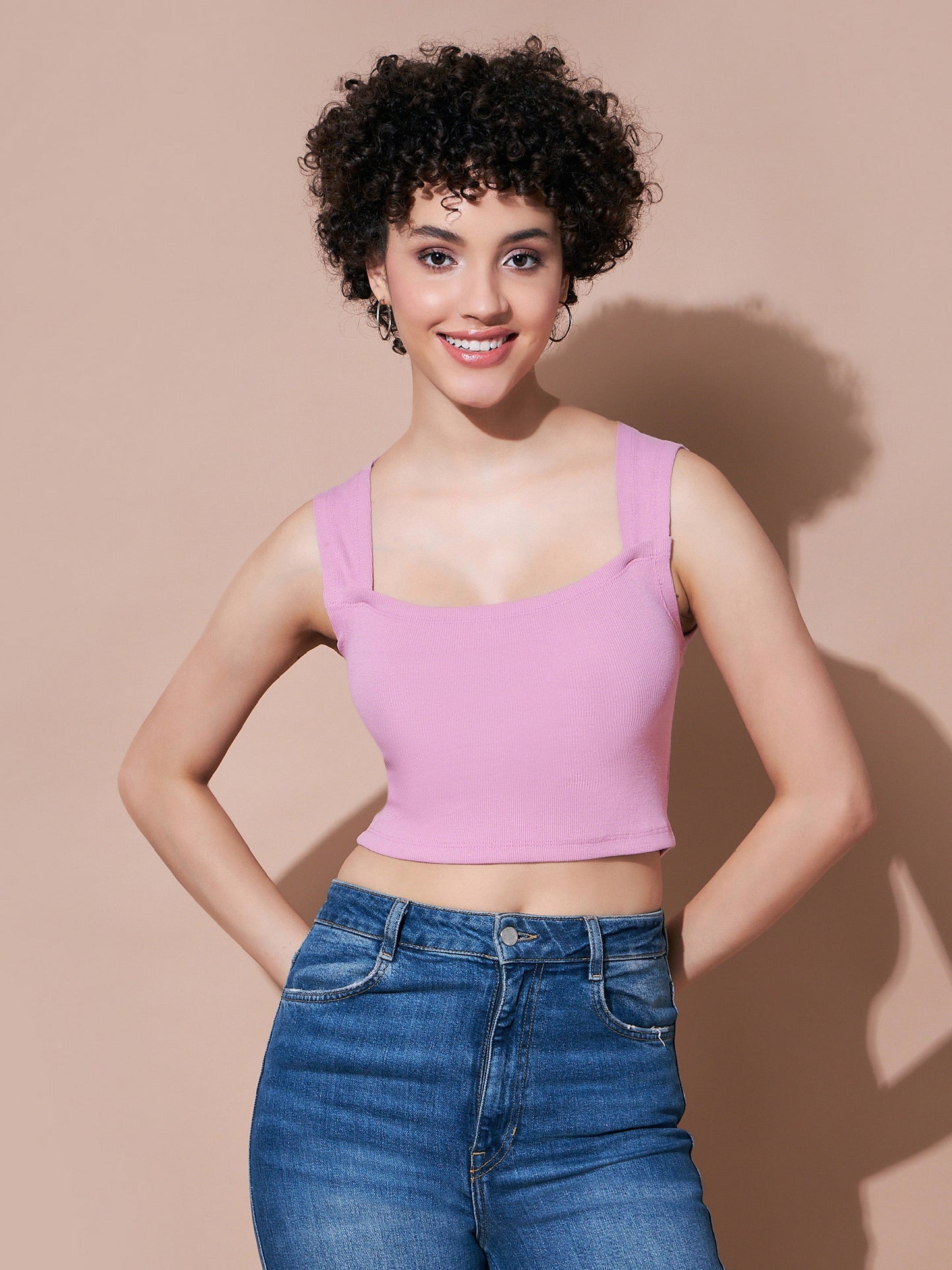 Dull Pink Rhombus Neck Ribbed Crop Top