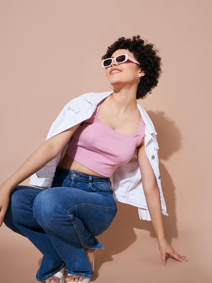 Dull Pink Rhombus Neck Ribbed Crop Top