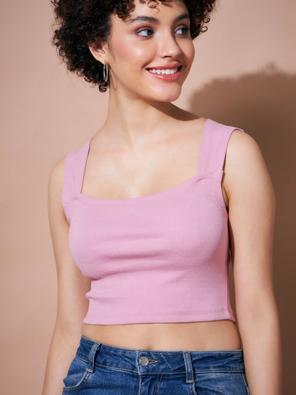 Dull Pink Rhombus Neck Ribbed Crop Top