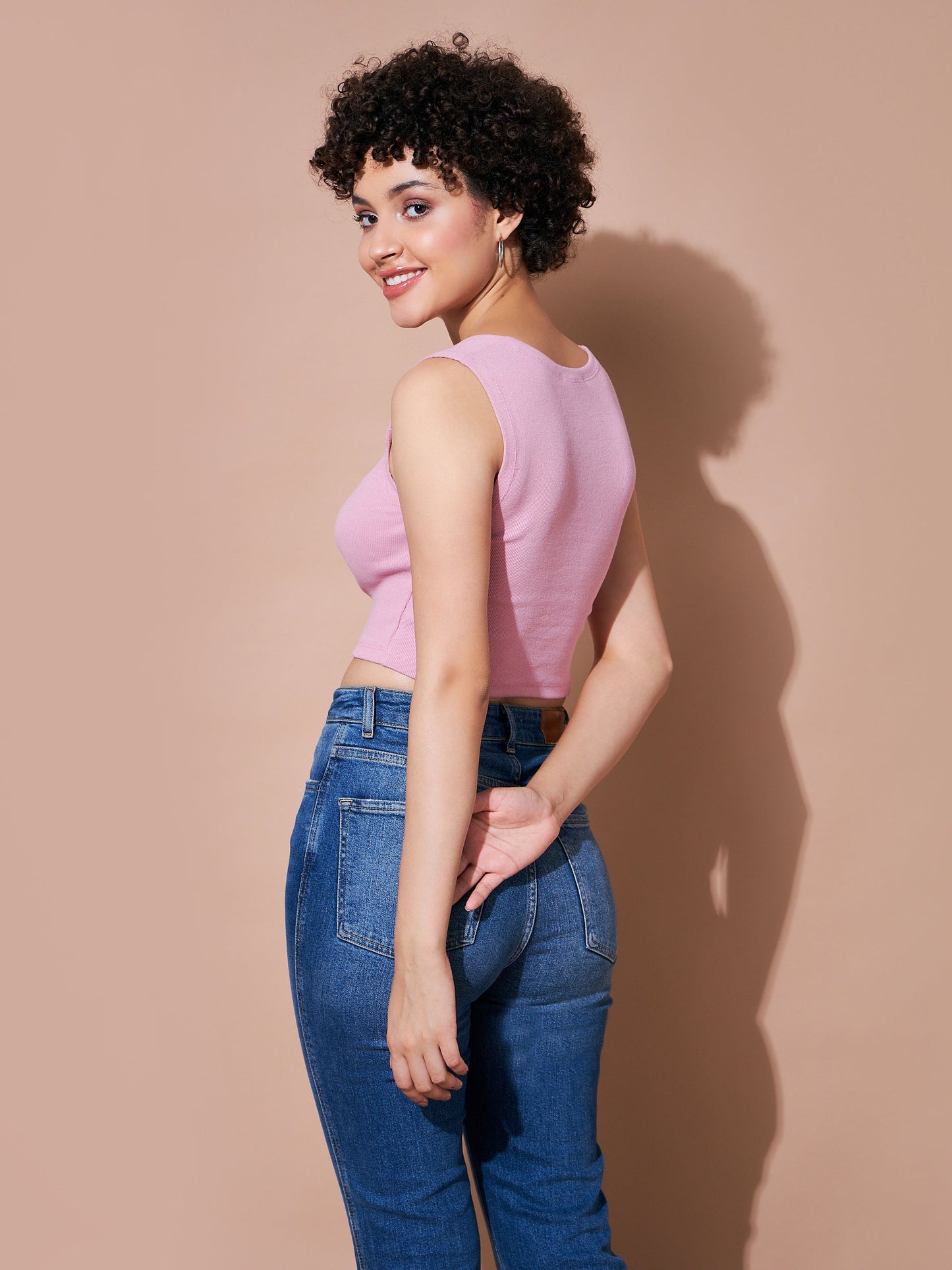 Dull Pink Rhombus Neck Ribbed Crop Top