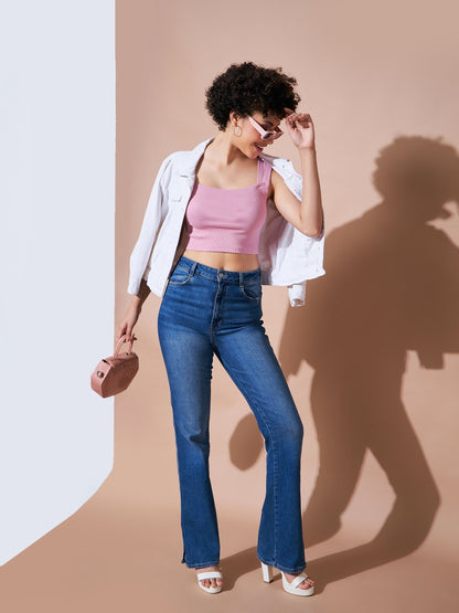 Dull Pink Rhombus Neck Ribbed Crop Top