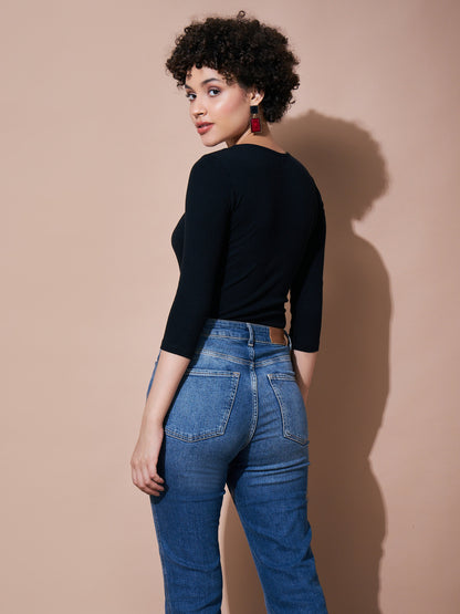 Women Black Ribbed Bodysuit