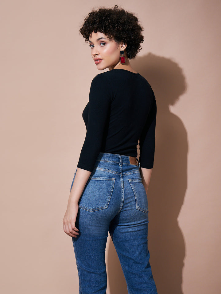 Women Black Ribbed Bodysuit