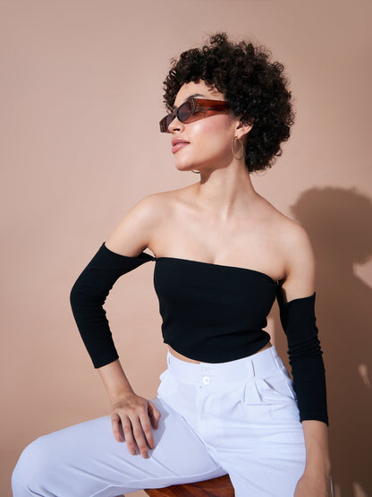 Black Rib Bardot Crop Top