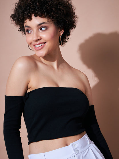 Black Rib Bardot Crop Top