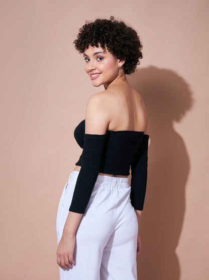 Black Rib Bardot Crop Top