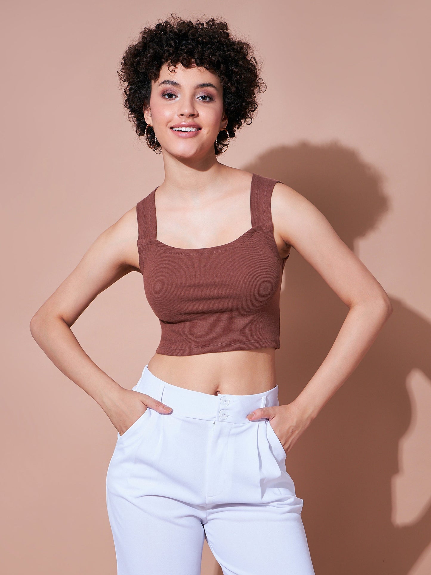 Brown Rib Rhombus Neck Ribbed Crop Top