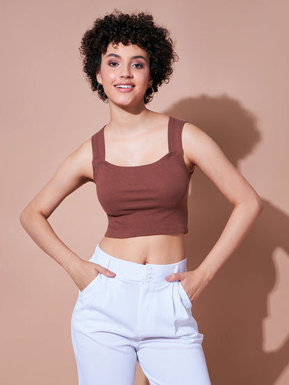 Brown Rib Rhombus Neck Ribbed Crop Top