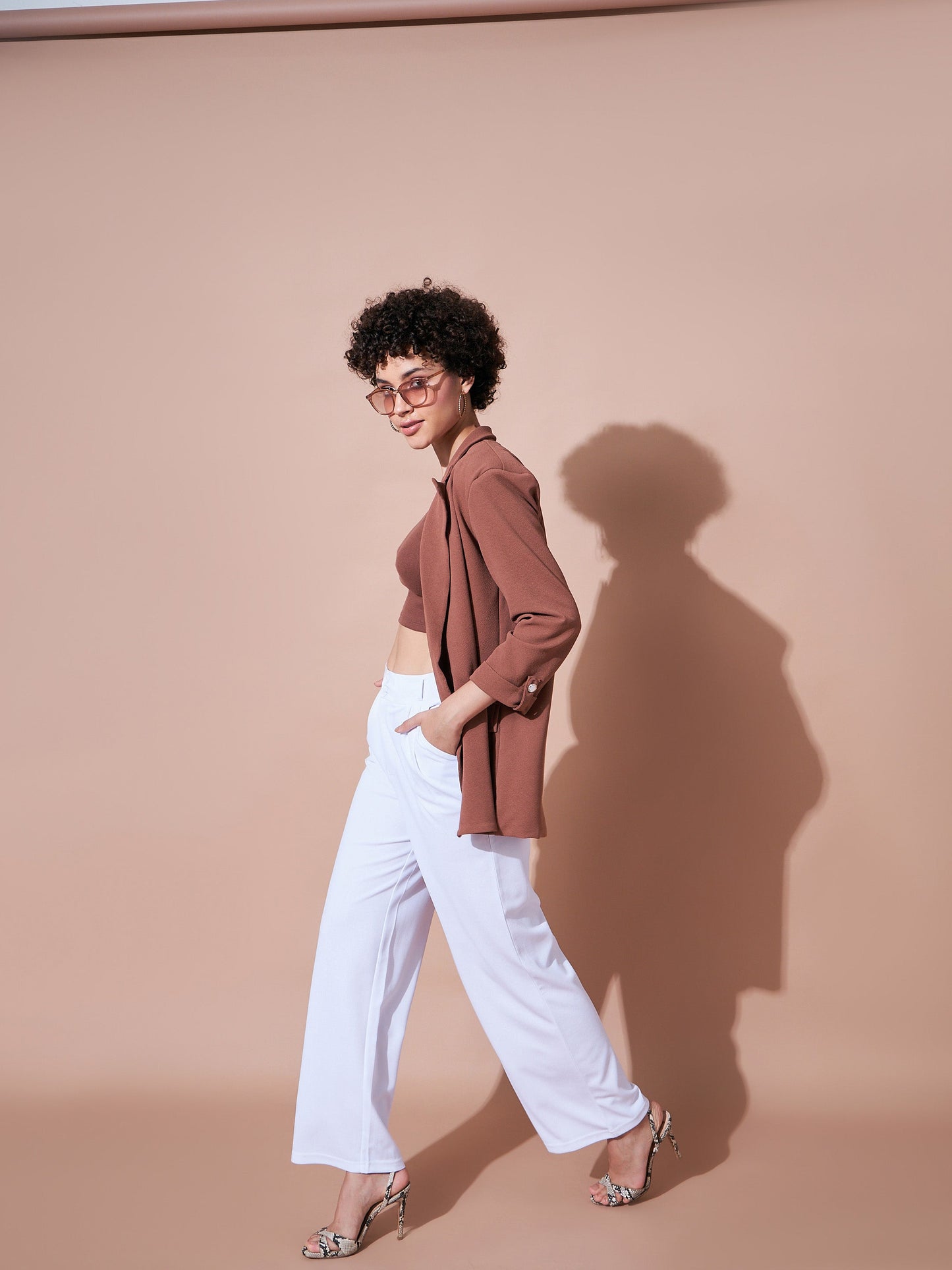 Brown Rib Rhombus Neck Ribbed Crop Top