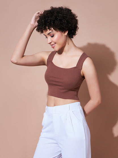 Brown Rib Rhombus Neck Ribbed Crop Top