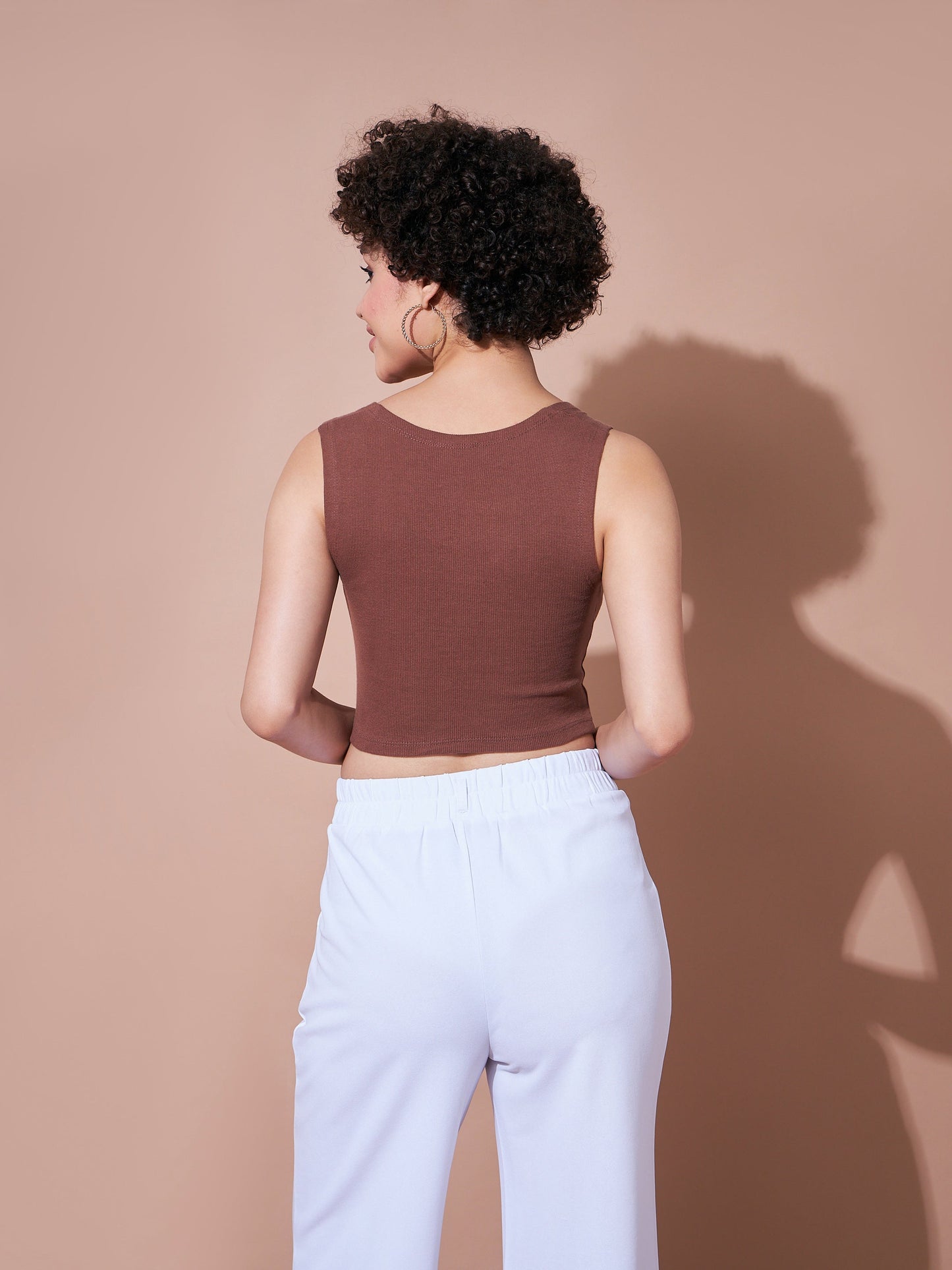 Brown Rib Rhombus Neck Ribbed Crop Top