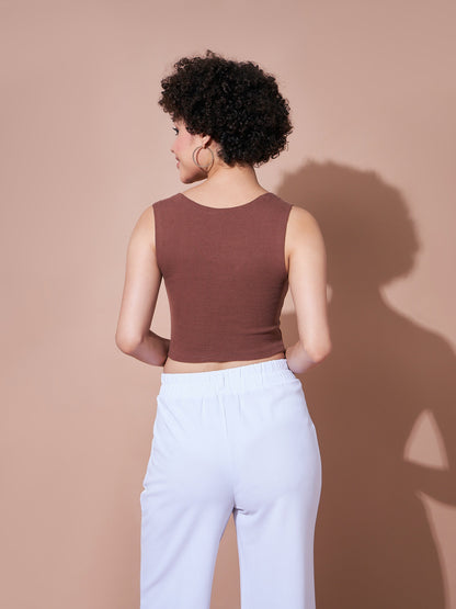 Brown Rib Rhombus Neck Ribbed Crop Top