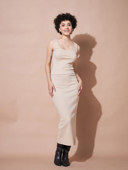 Women Beige Rib Sleeveless Top