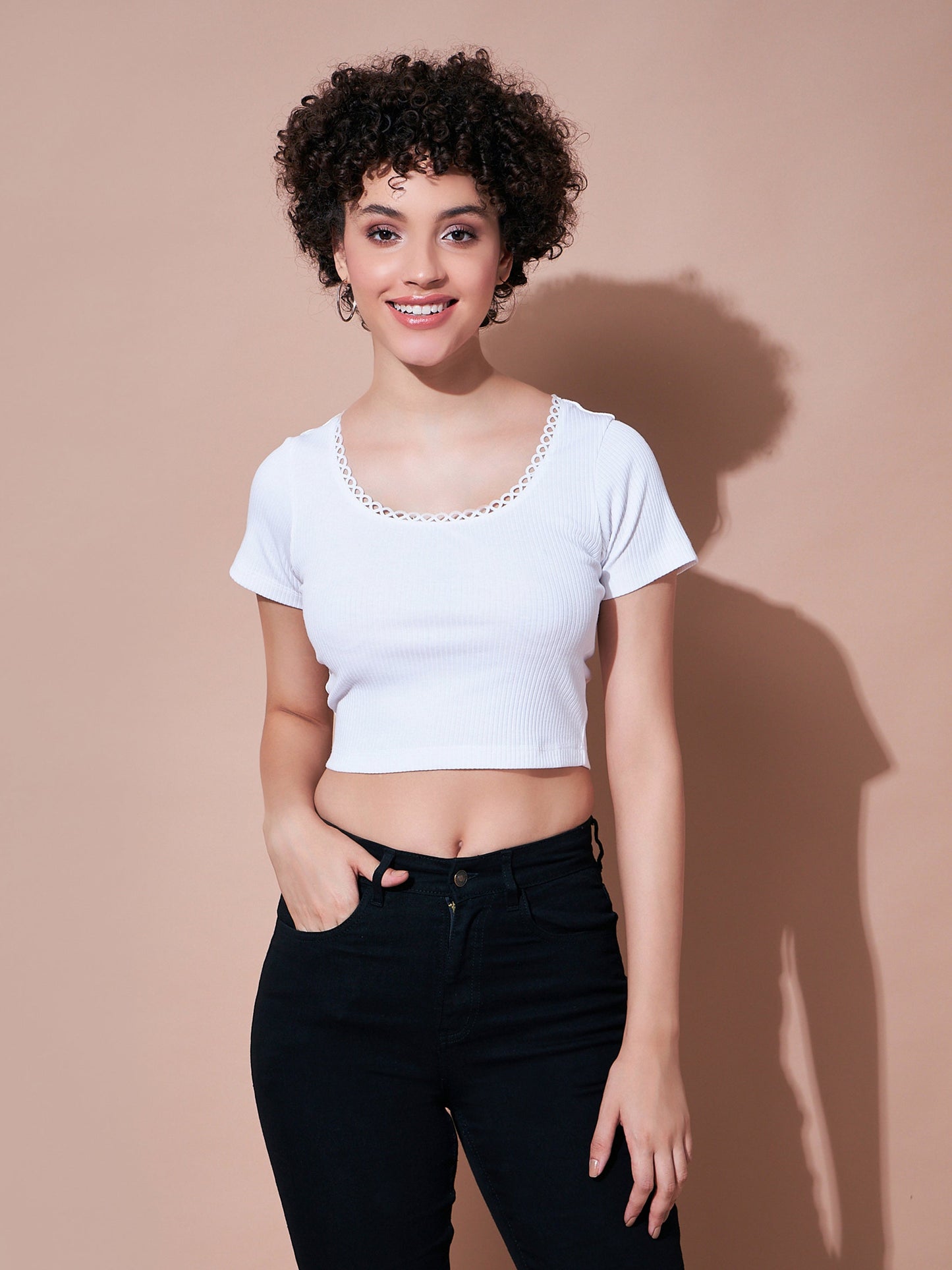 White Rib Round Neck Crop Top