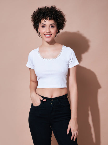 White Rib Round Neck Crop Top