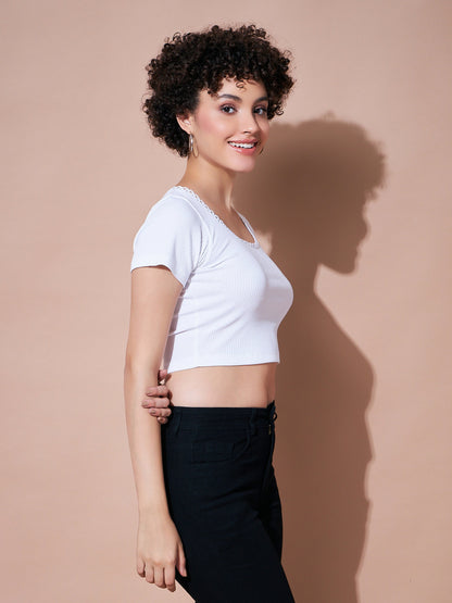 White Rib Round Neck Crop Top