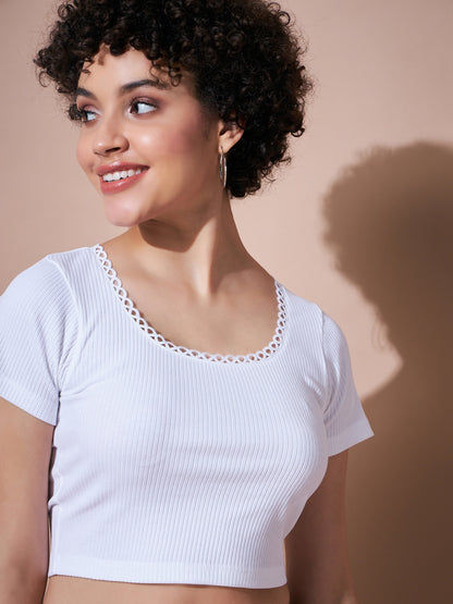 White Rib Round Neck Crop Top