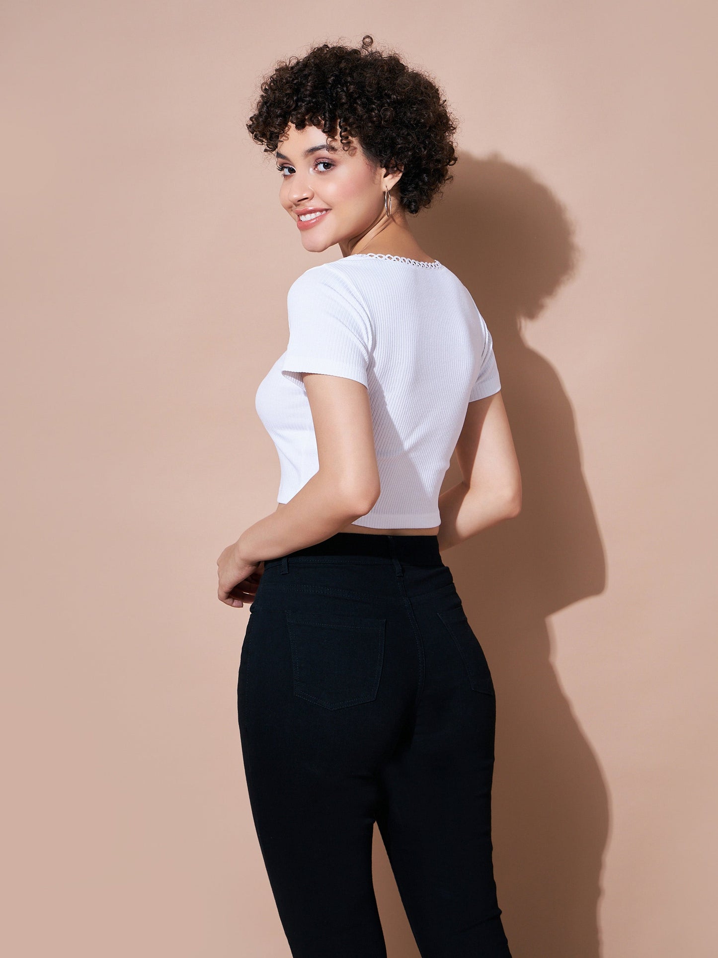 White Rib Round Neck Crop Top
